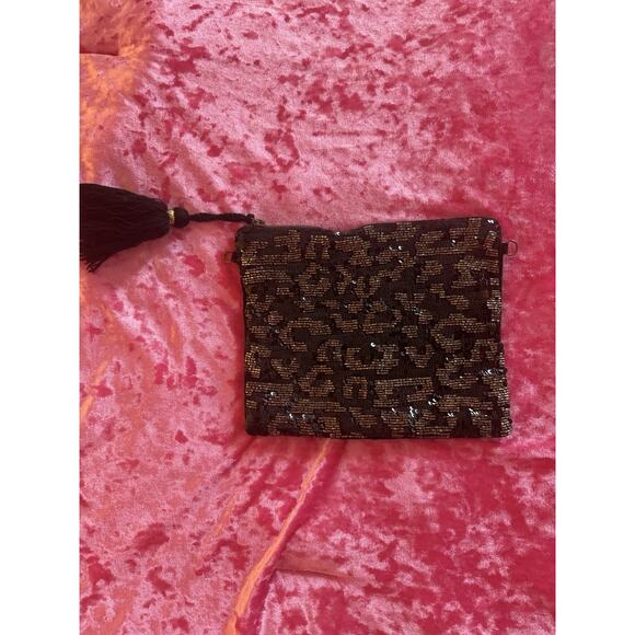 World Market Handbags - World Market Sequin Beaded Clutch Black Gold Cheetah Glam Fancy Velvet